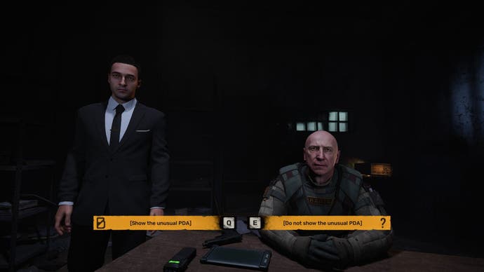 The player is offered the choice to show a piece of evidence to a military commander and his friend in a suit in Stalker 2: Heart of Chornobyl.