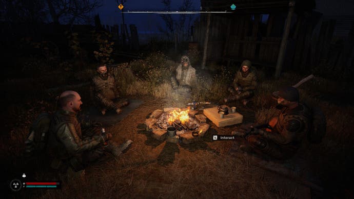 Five Stalkers sit around a glowing campfire by night, some wearing gas masks as protection in Stalker 2: Heart of Chornobyl.