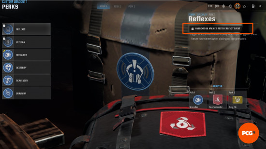 How to unlock the AMR Mod 4: A screenshot of the perks menu in Warzone, showing that some items are to be unlocked in the upcoming Archie's Festive Frenzy event.