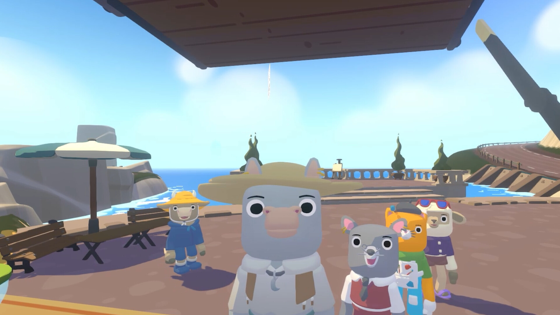 Fruitbus screenshot showing anthropomorphic animals queuing up outside the bus to be served