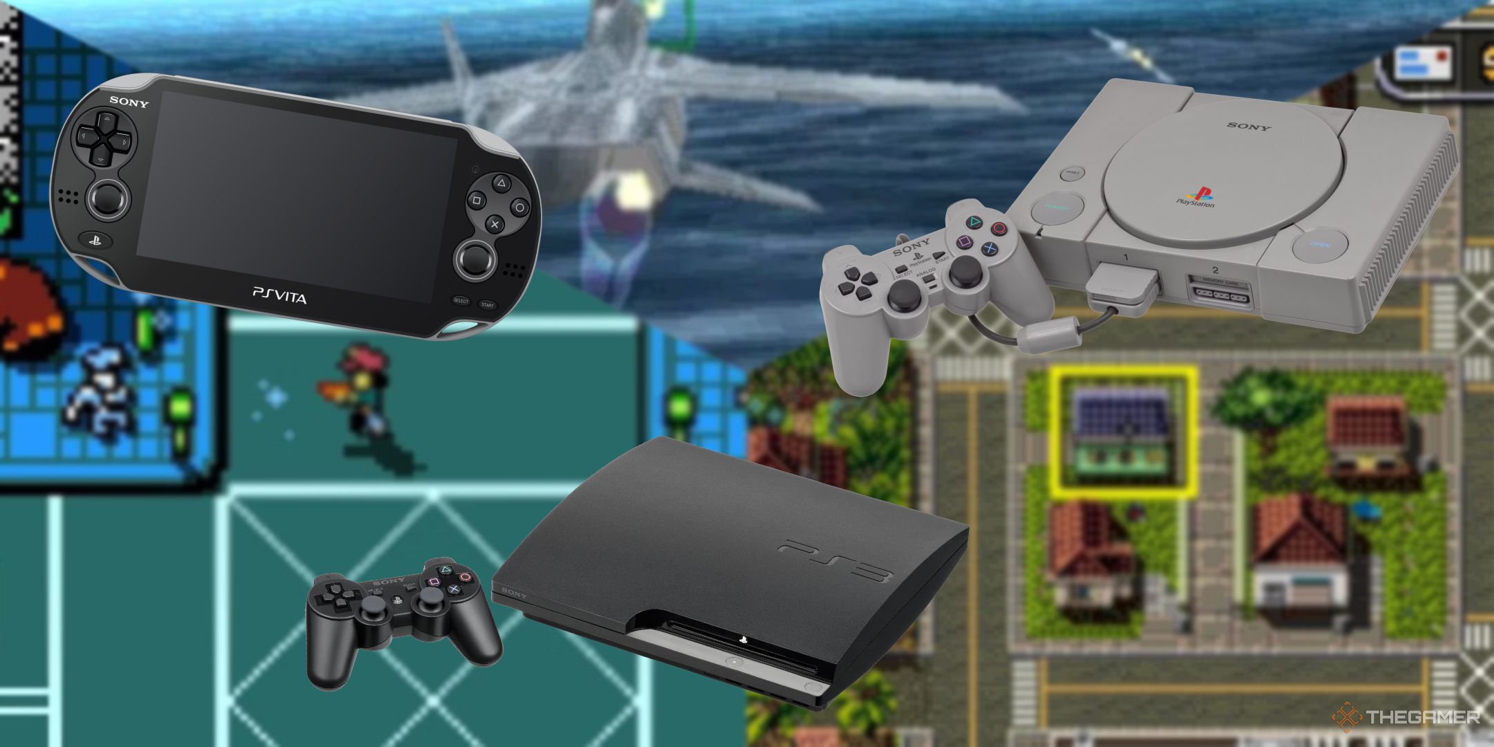 Various playstation consoles overlaid on a split image of each of their final released games