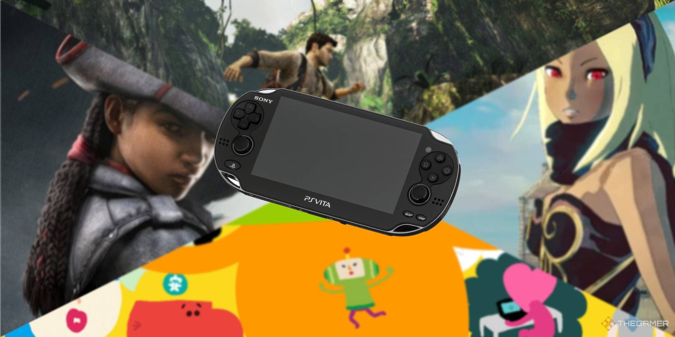 The PS Vita overlaid on a blurred background of its games.