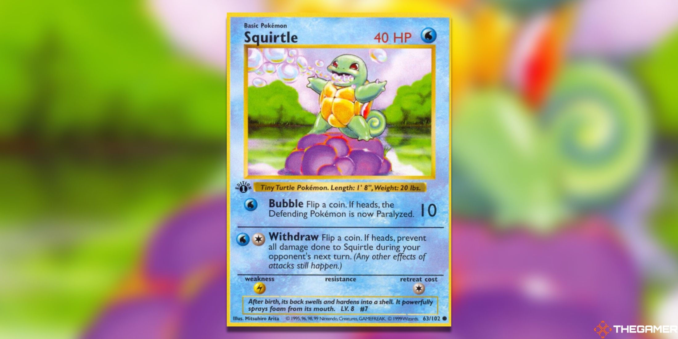 The Squirtle Base Set First Edition from the Pokemon TCG.