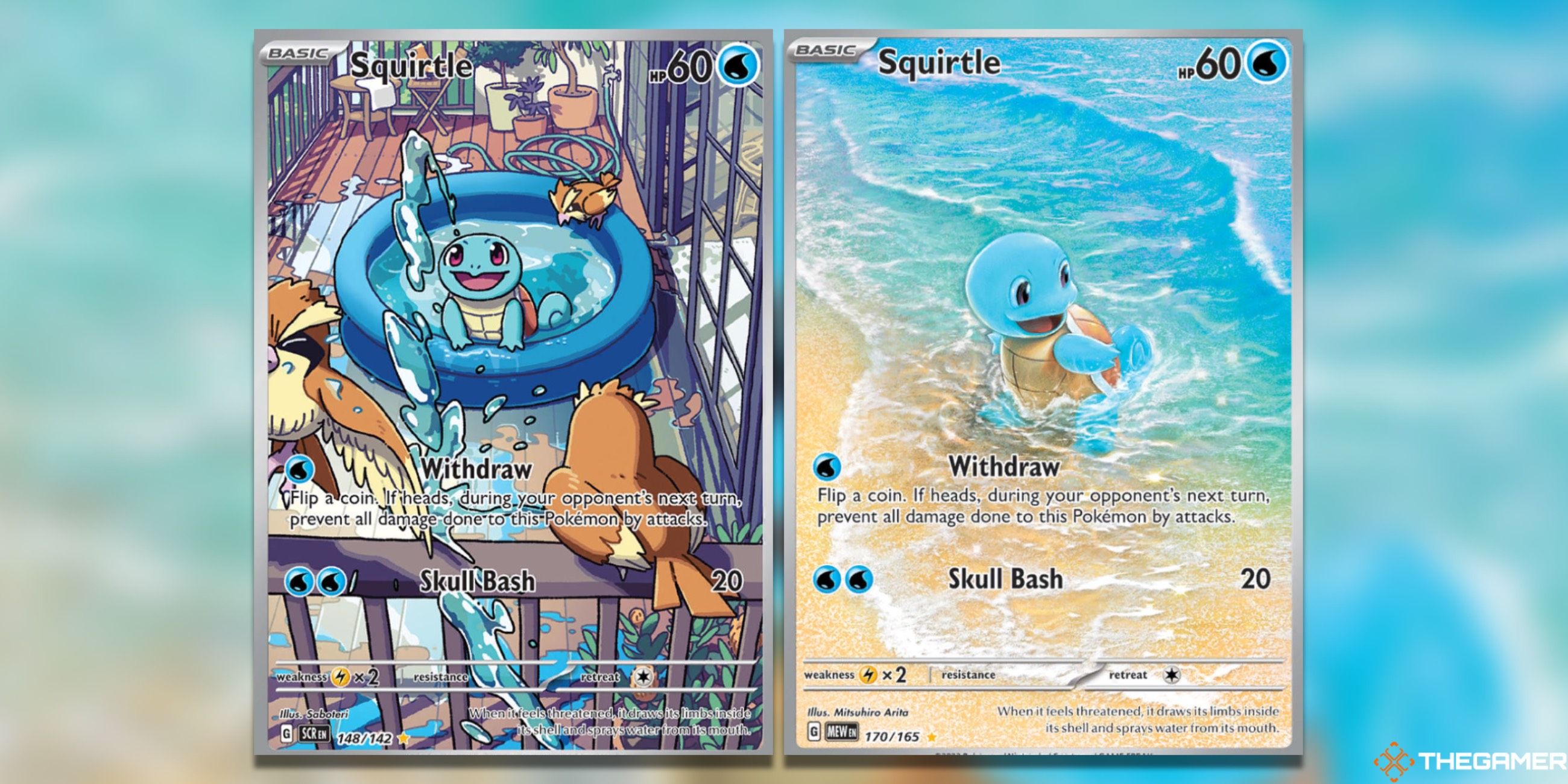 The Stellar Crown and 151 Squirtle Illustration Rares from the Pokemon TCG.