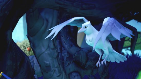 Disney Dreamlight Valley critters: A white raven hovers near a dark, gloomy tree in the forgotten lands biome.