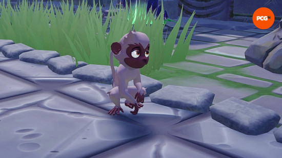 A cute Dreamlight Valley monkey looks up the player expectantly.