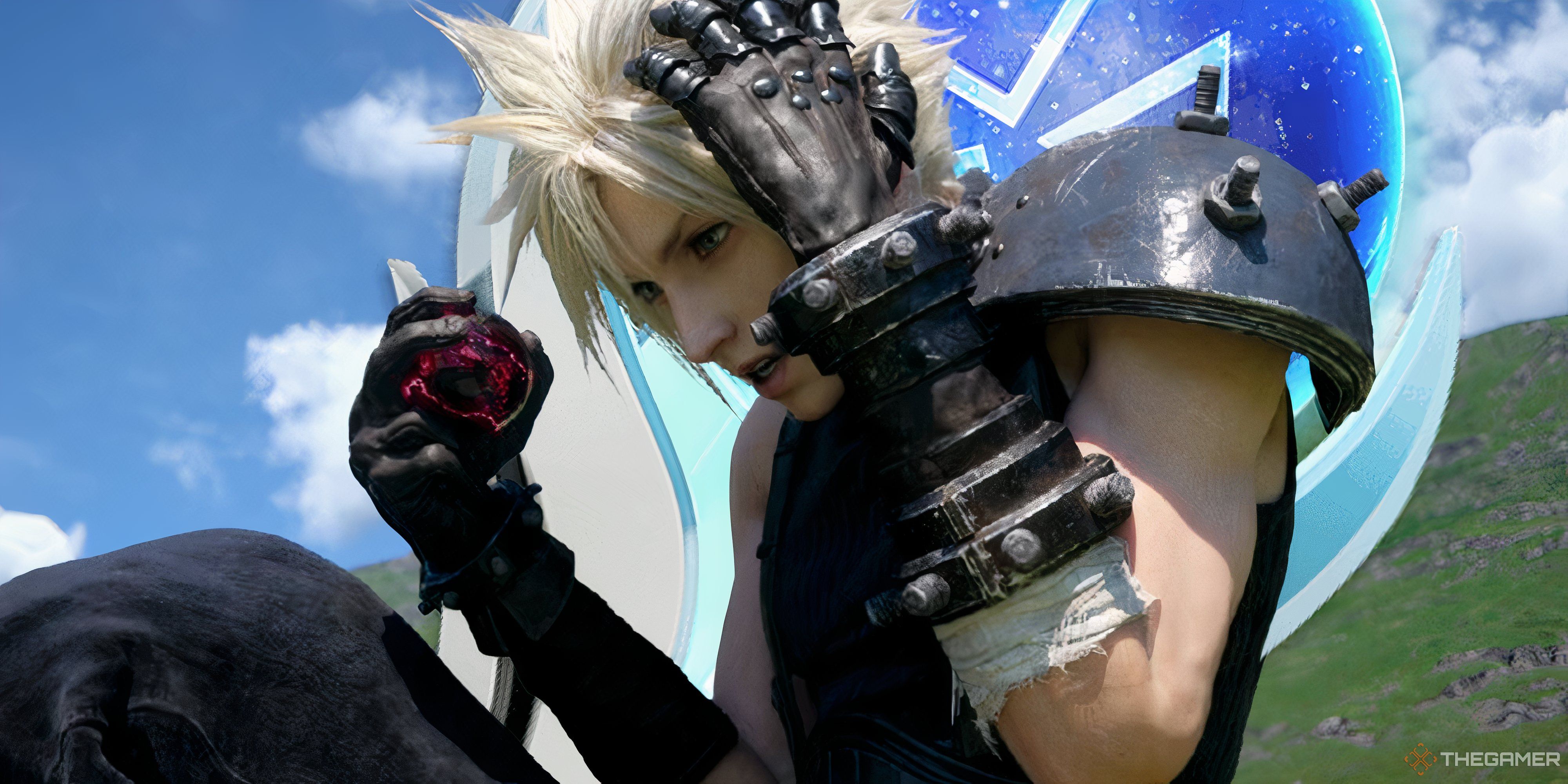 cloud holding the dark materia in final fantasy 7 rebirth with a platinum trophy behind him.