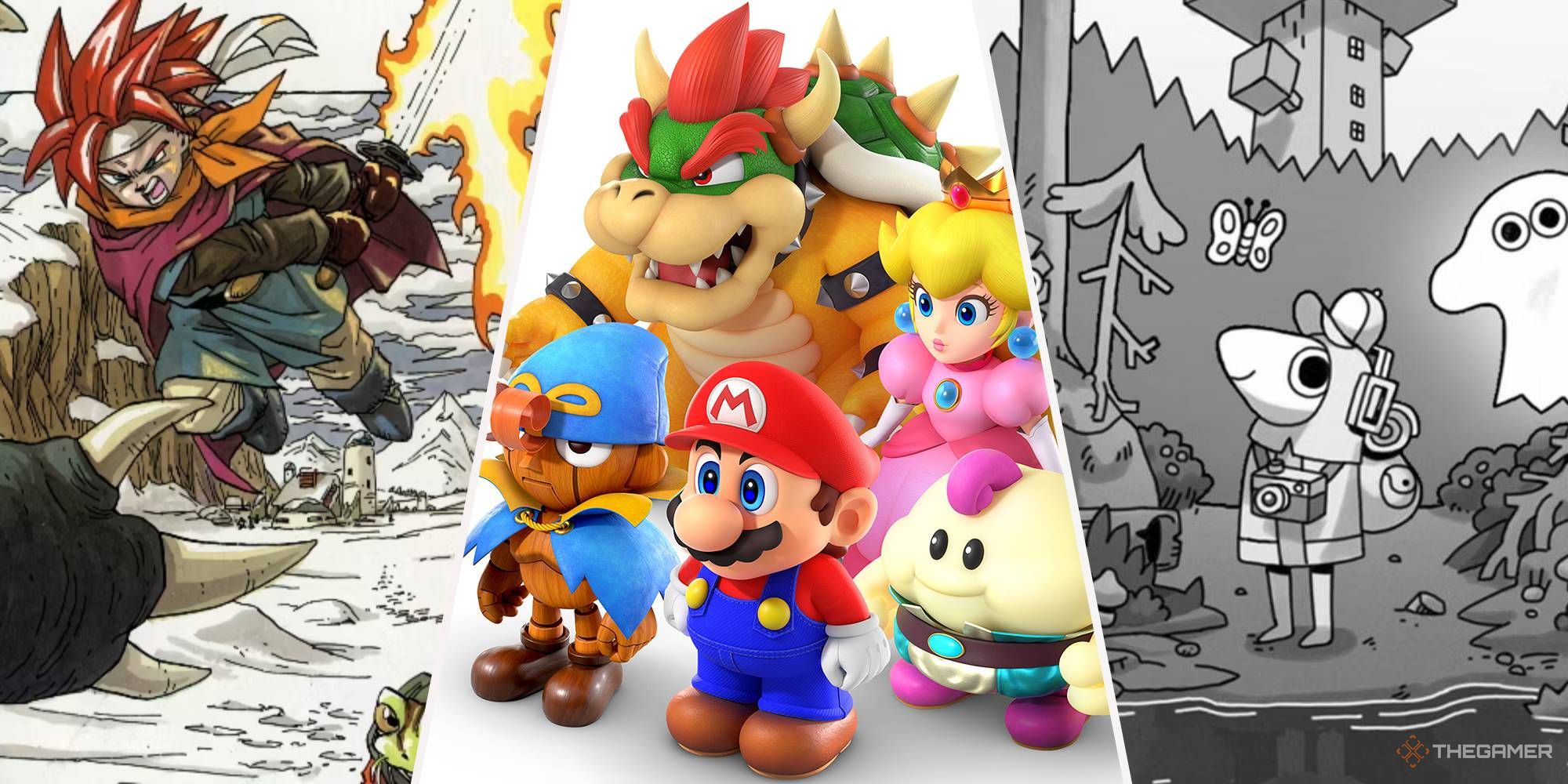 A collage showing characters of Chrono Trigger, Super Mario RPG, and Toem.