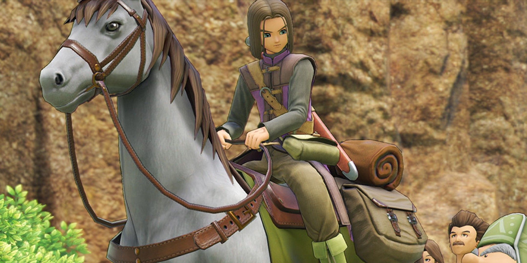 Luminary riding a horse in front of cliffs in Dragon Quest 11. 