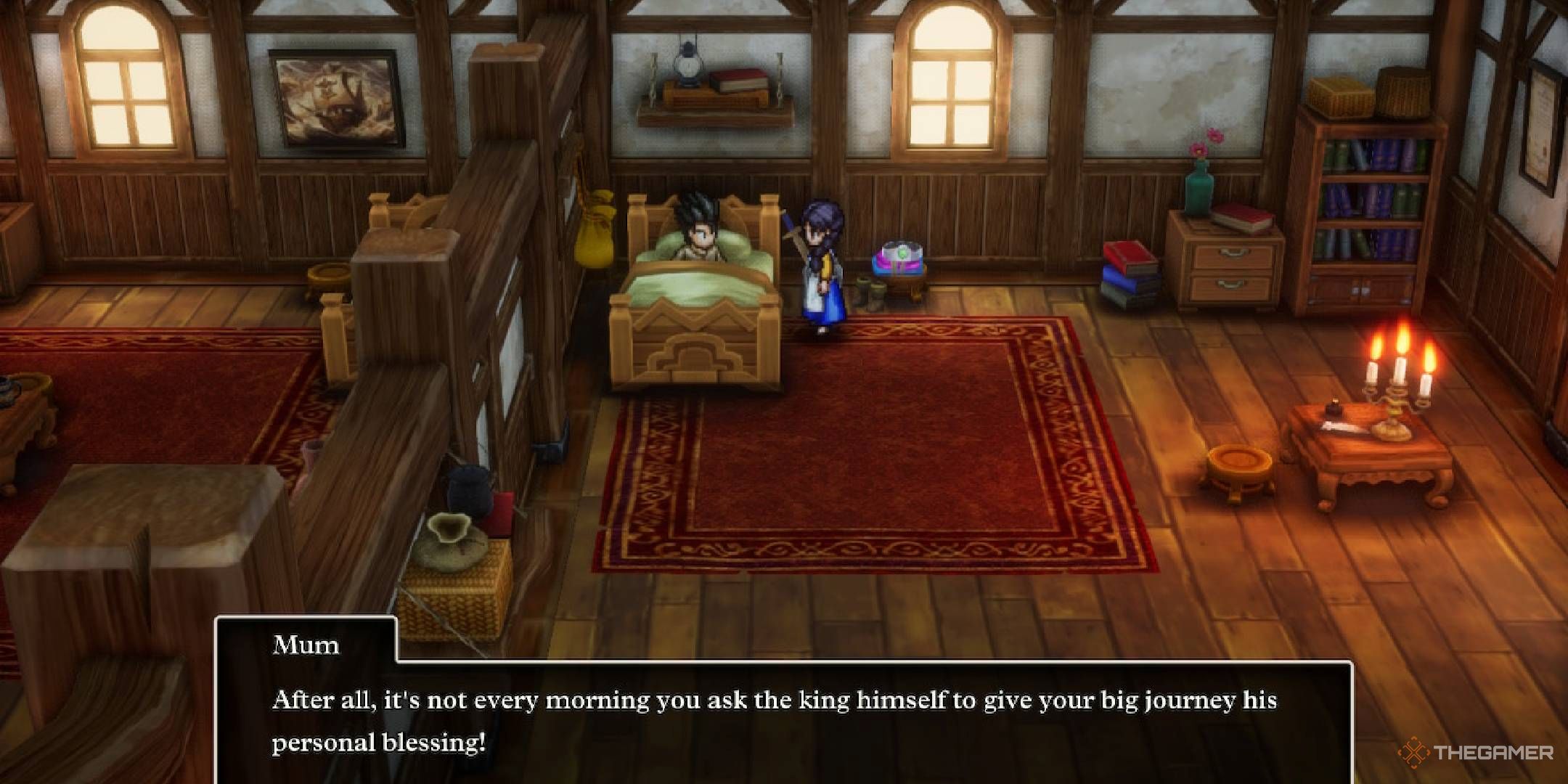 Mum talking to the hero in bed in Dragon Quest 3 Remake.