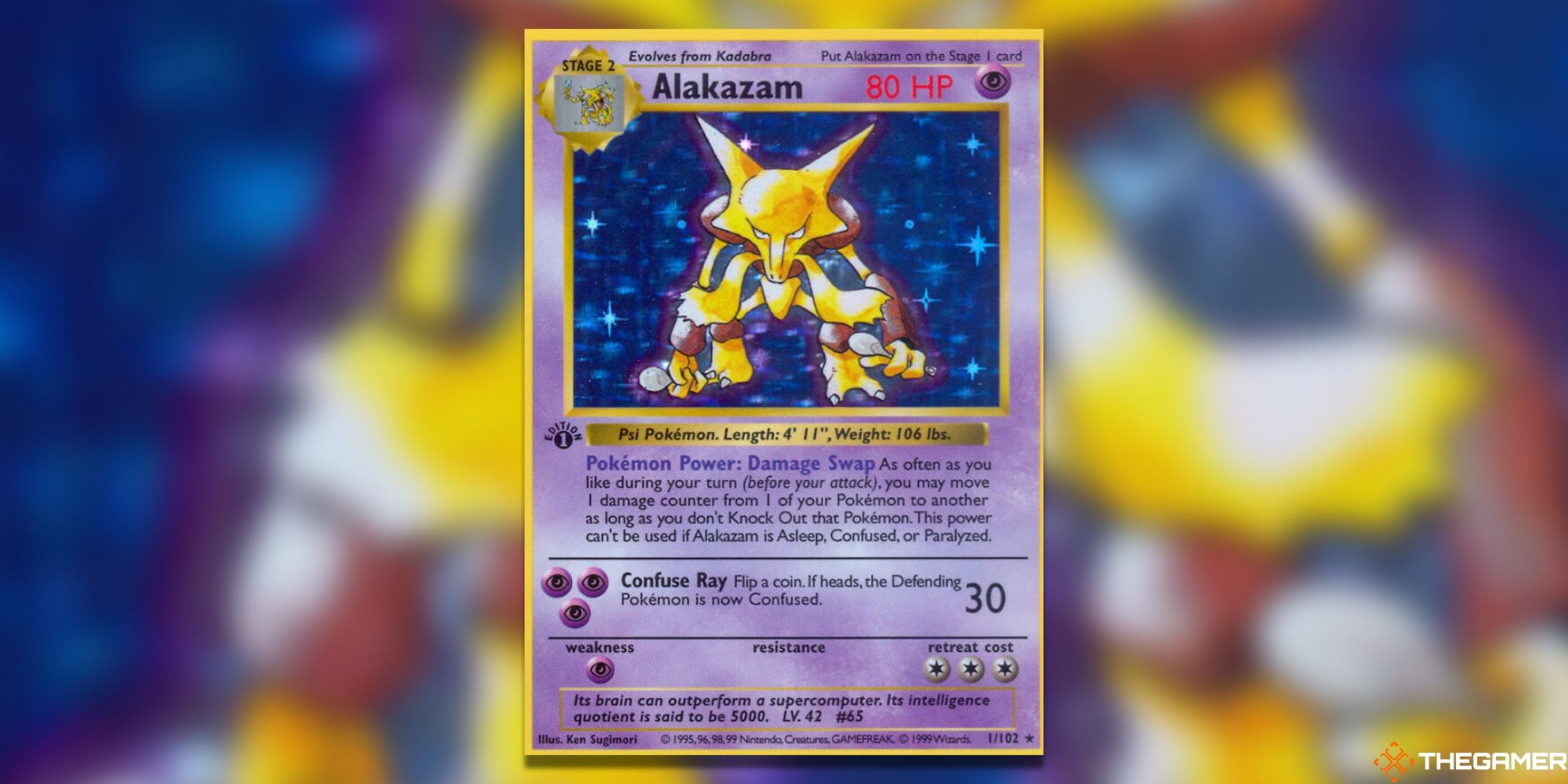 The Alakazam Base Set First Edition Holo Rare from the Pokemon TCG.