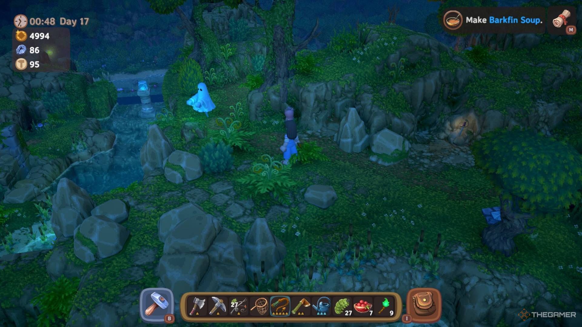 Player character standing near a Ghost enemy at night in the Forest in Luma Island.