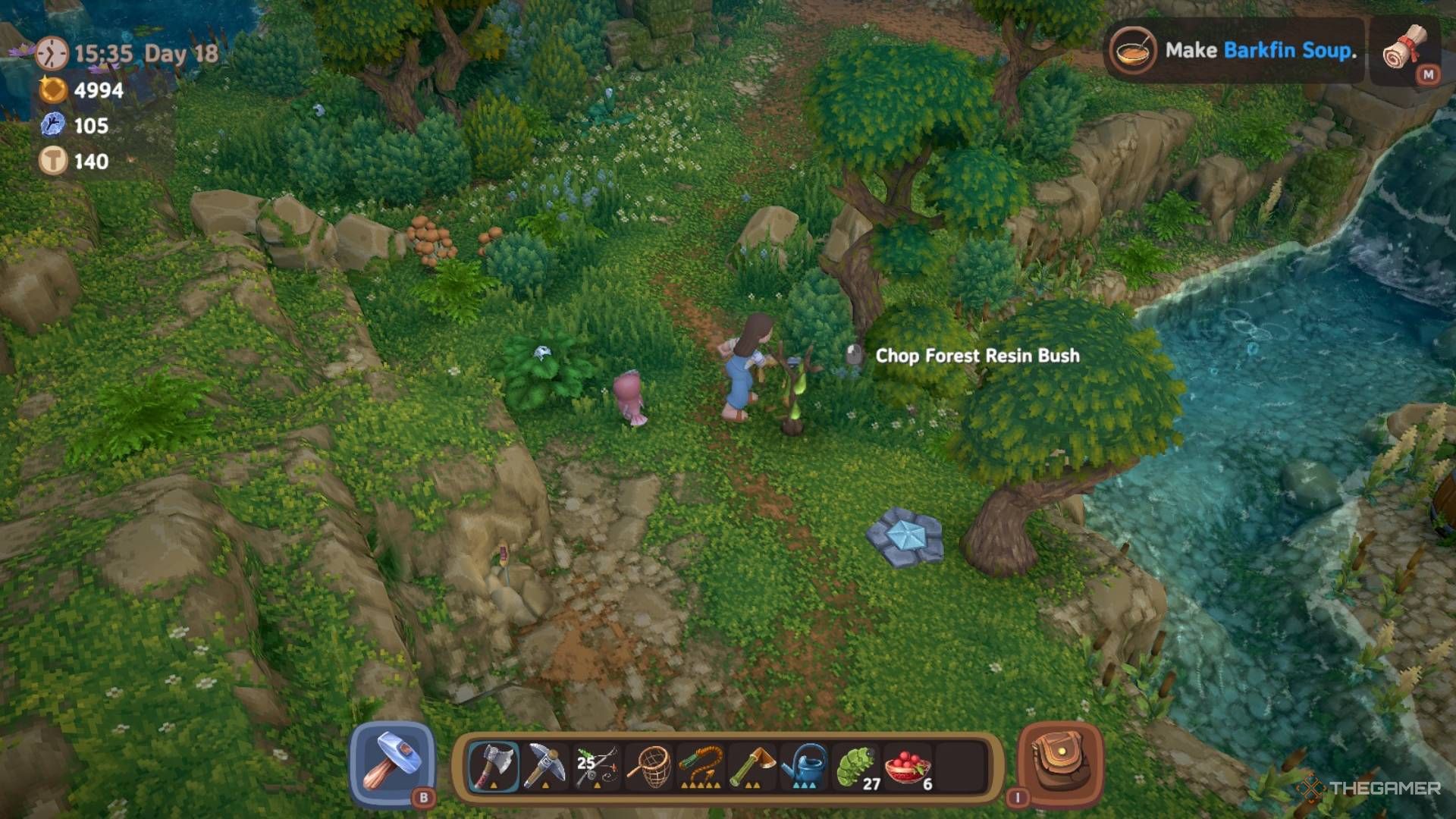 Player character chopping a Forest Resin Bush in Luma Island.