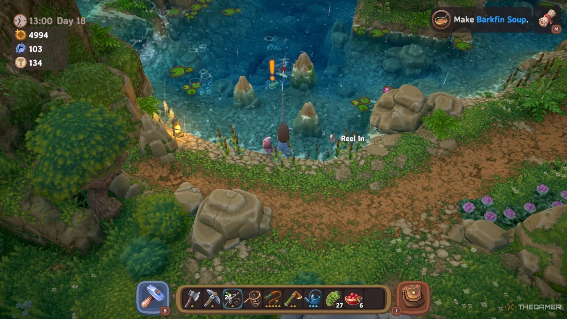 Player character using a fishing rod to Reel In a Barkfin in the forest in Luma Island.