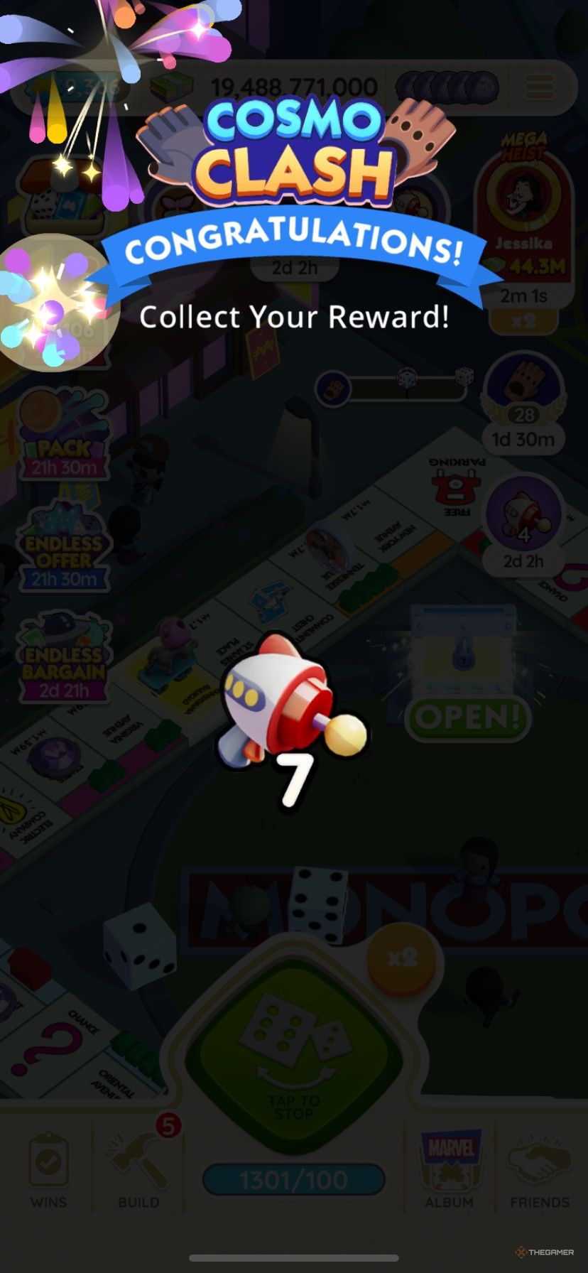 Earning seven Treasures of the Galaxy tokens from Cosmo Clash in Monopoly Go.