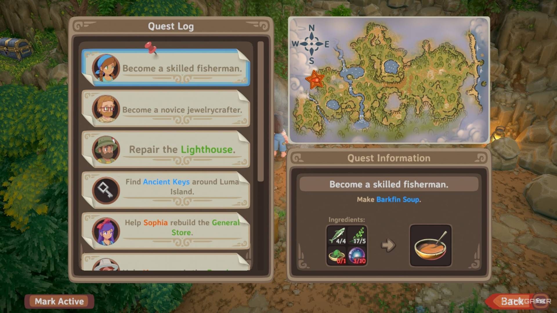 Menu with a quest log on the left and a map with an orange star edited onto it on the right in Luma Island.