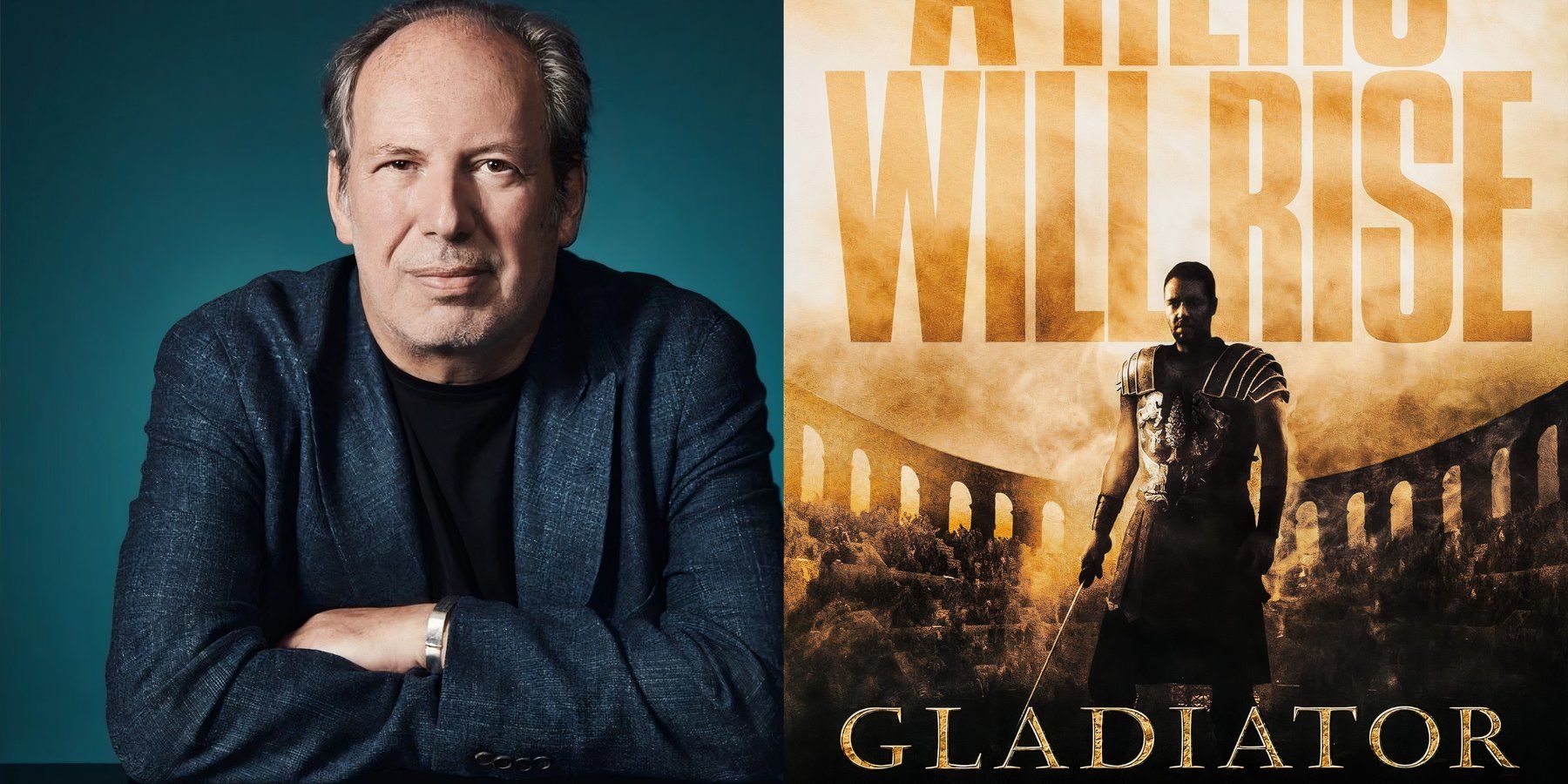 Hans Zimmer and a poster starring Russell Crowe as Maximus for Gladiator