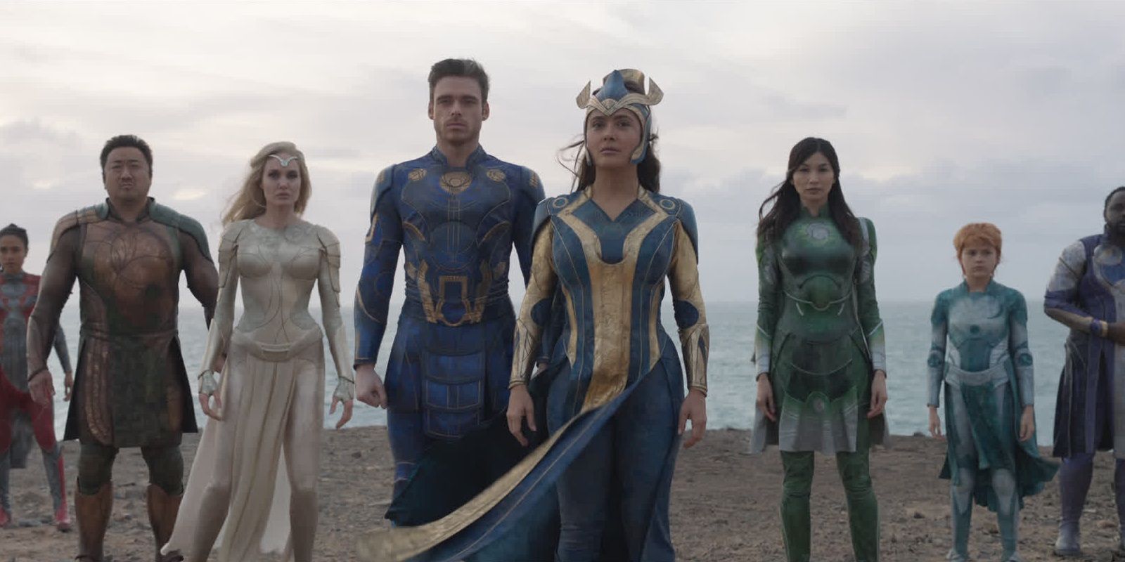 The Eternals assembled on the beach