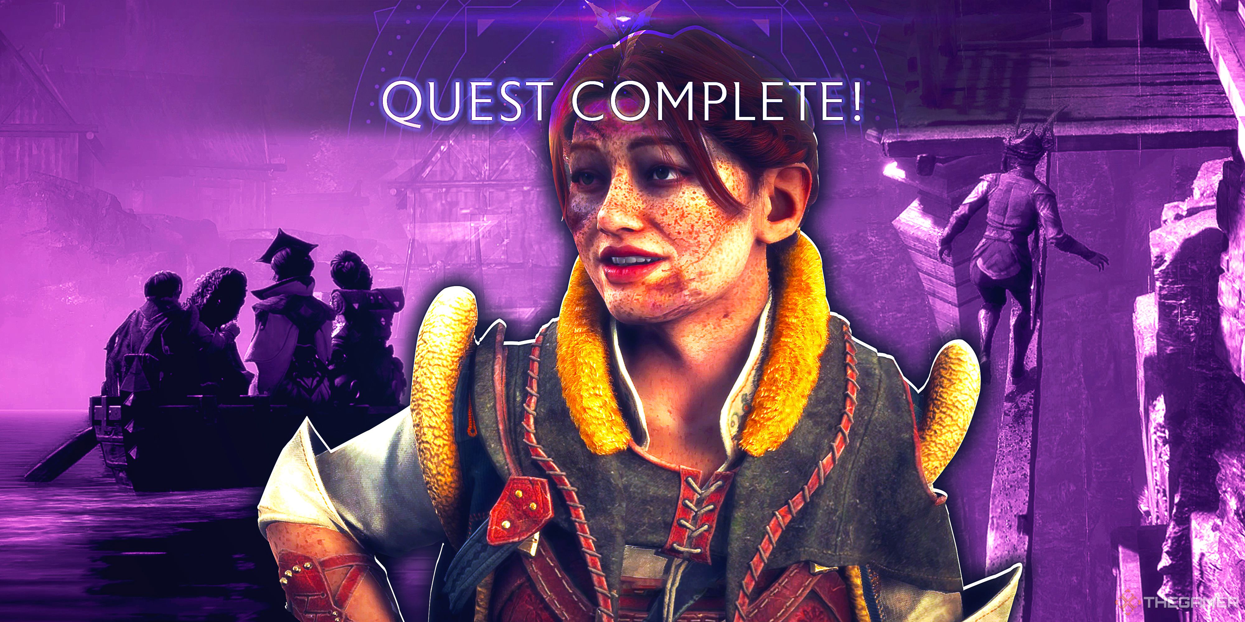 Harding with Quest Complete! superimposed over her head in Dragon Age: The Veilguard.