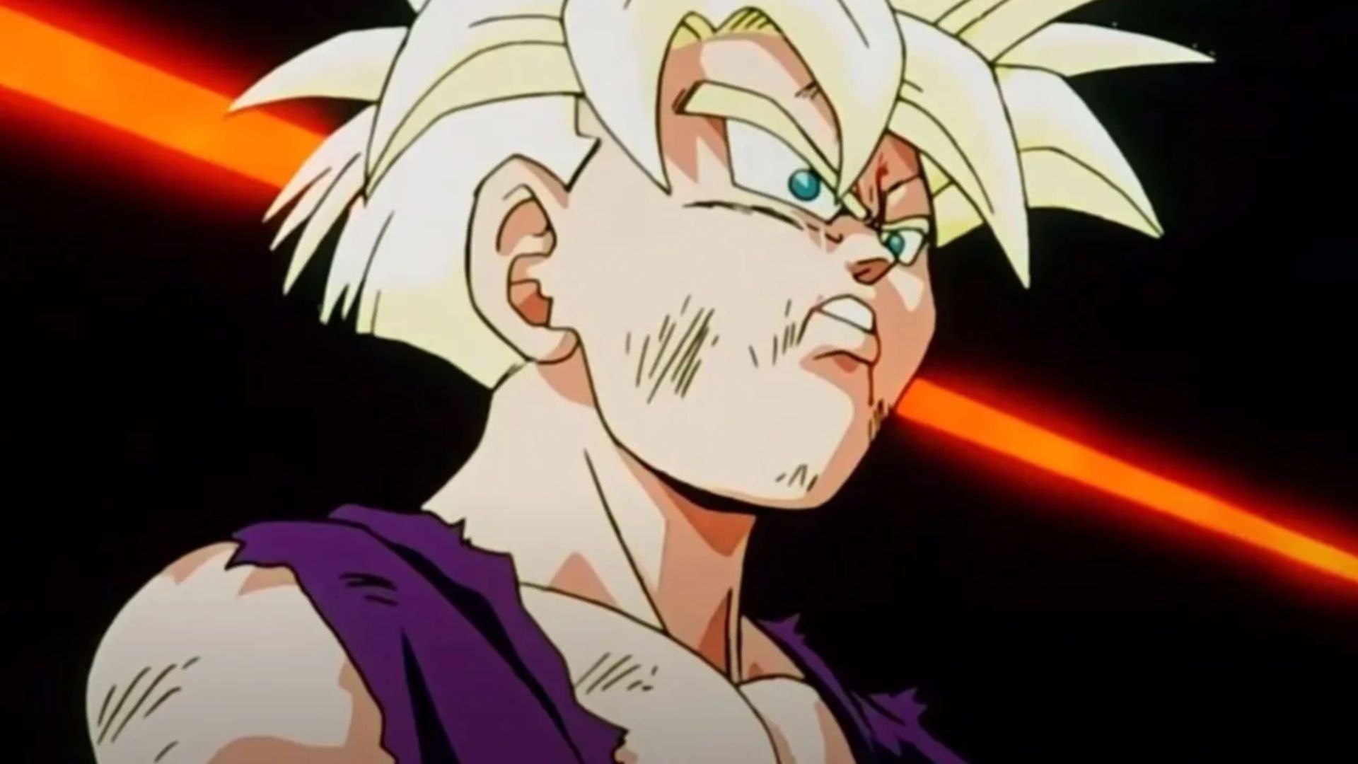 Gohan is about to transform into Super Saiyan 2 in Dragon Ball Z.