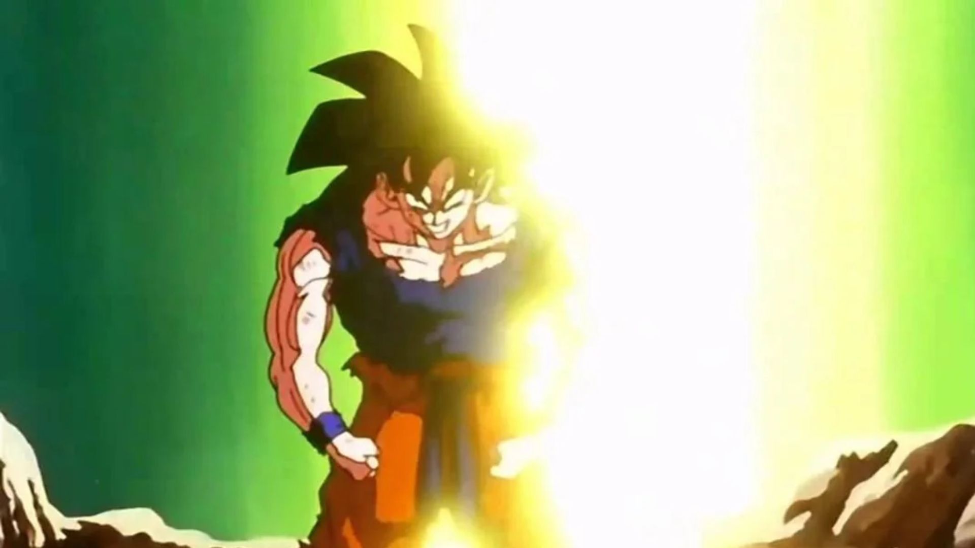 Goku is about to transform into Super Saiyan in Dragon Ball Z.