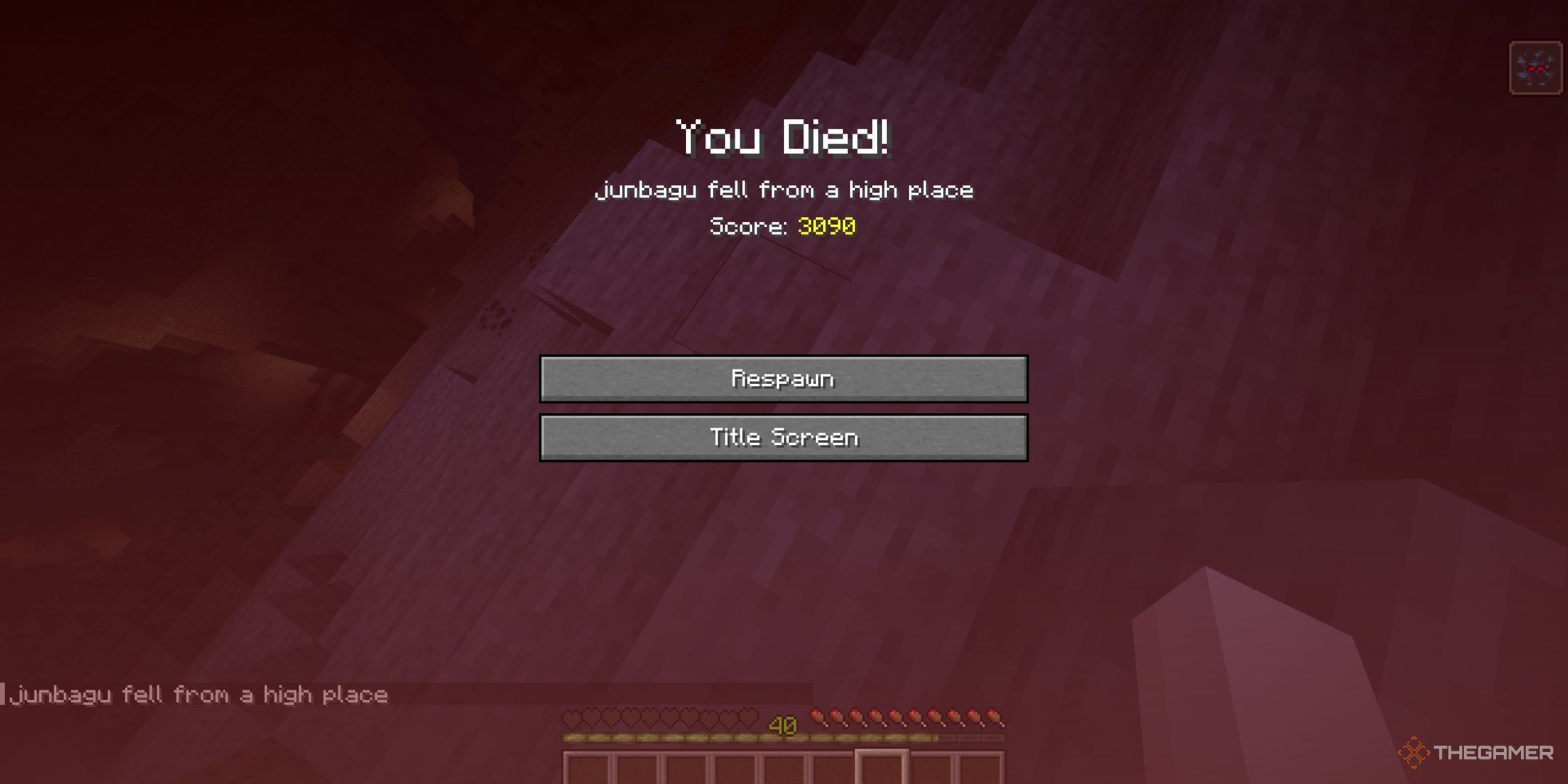 A fall damage death screen in Minecraft.