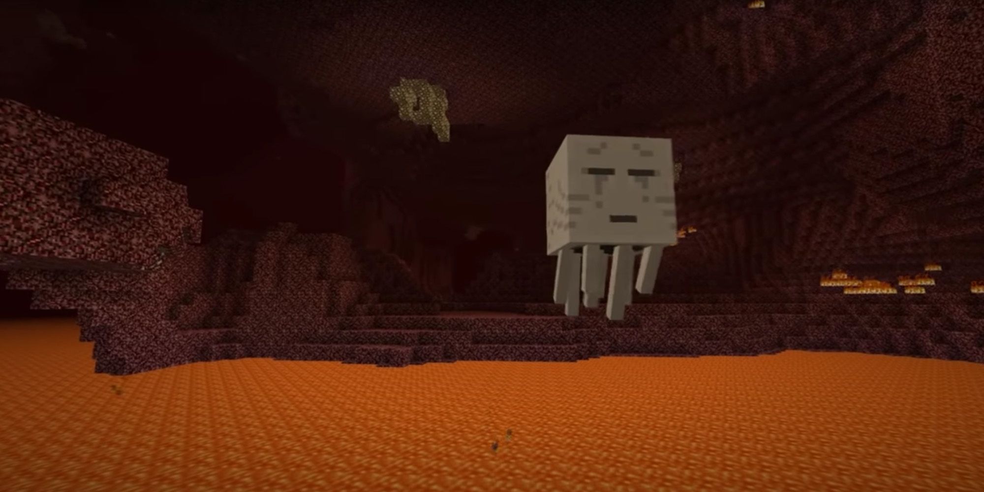 A Ghast flying through the Nether in Minecraft.