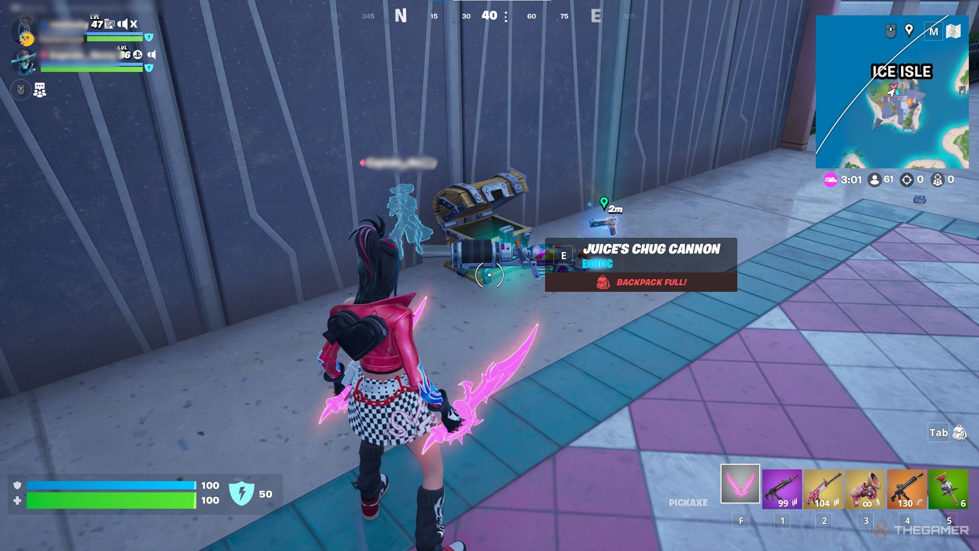 A screenshot of a player in Fortnite with a Juice Chug Cannon.