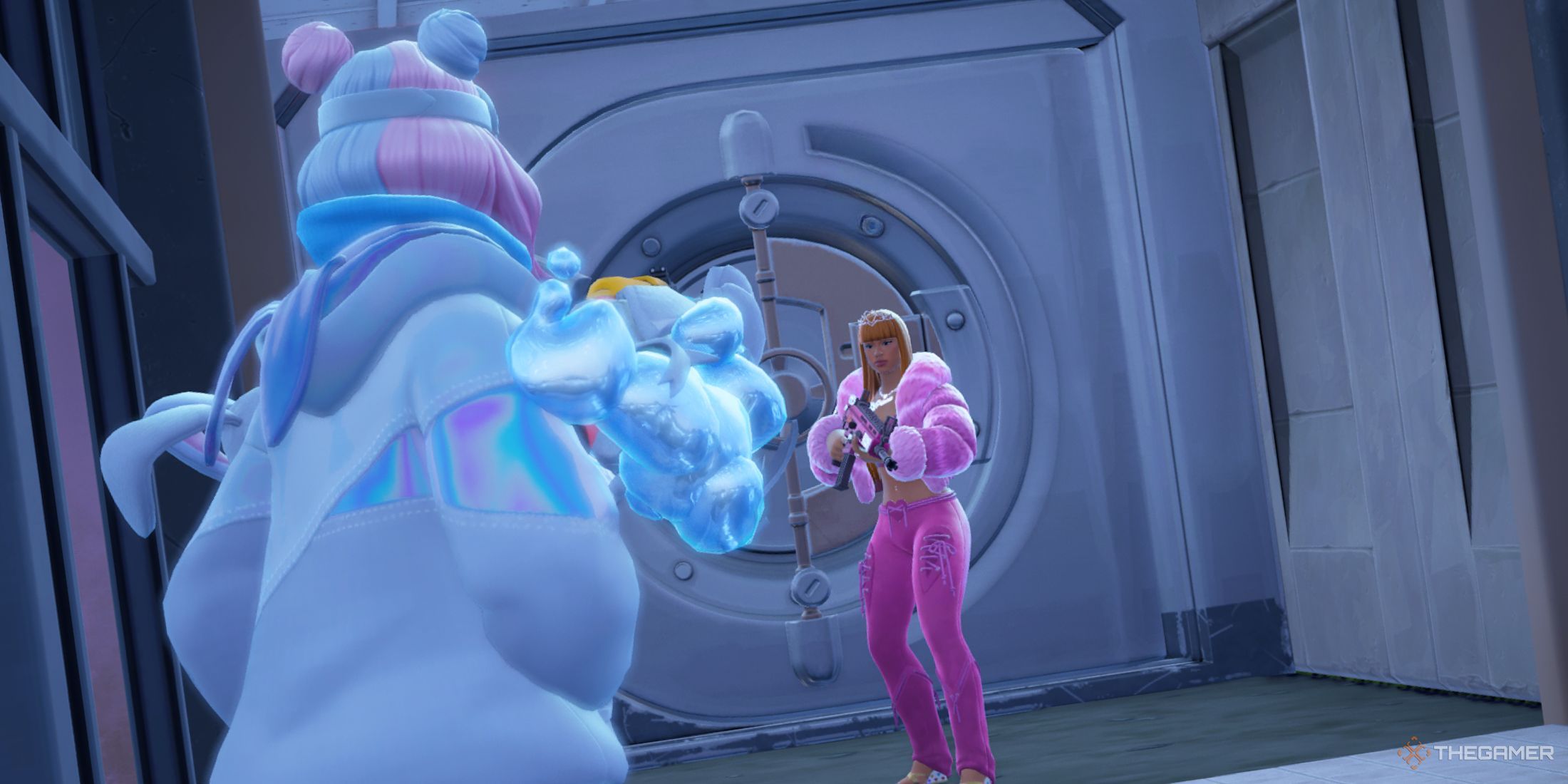 A photo of Ice Spice looking at a Fortnite player.