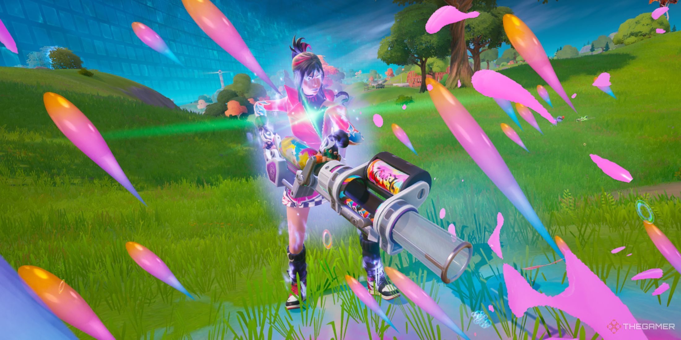 A character using the Juice's Chug Cannon in Fortnite.