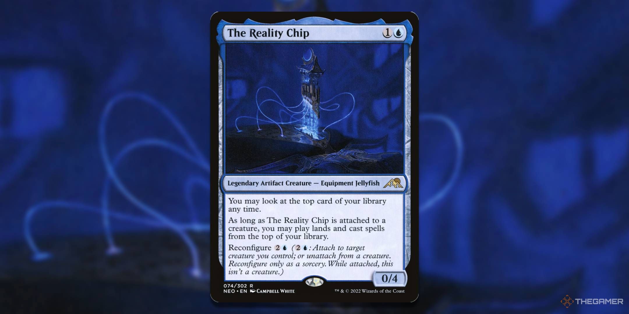 MTG The Reality Chip card with the art in the background.