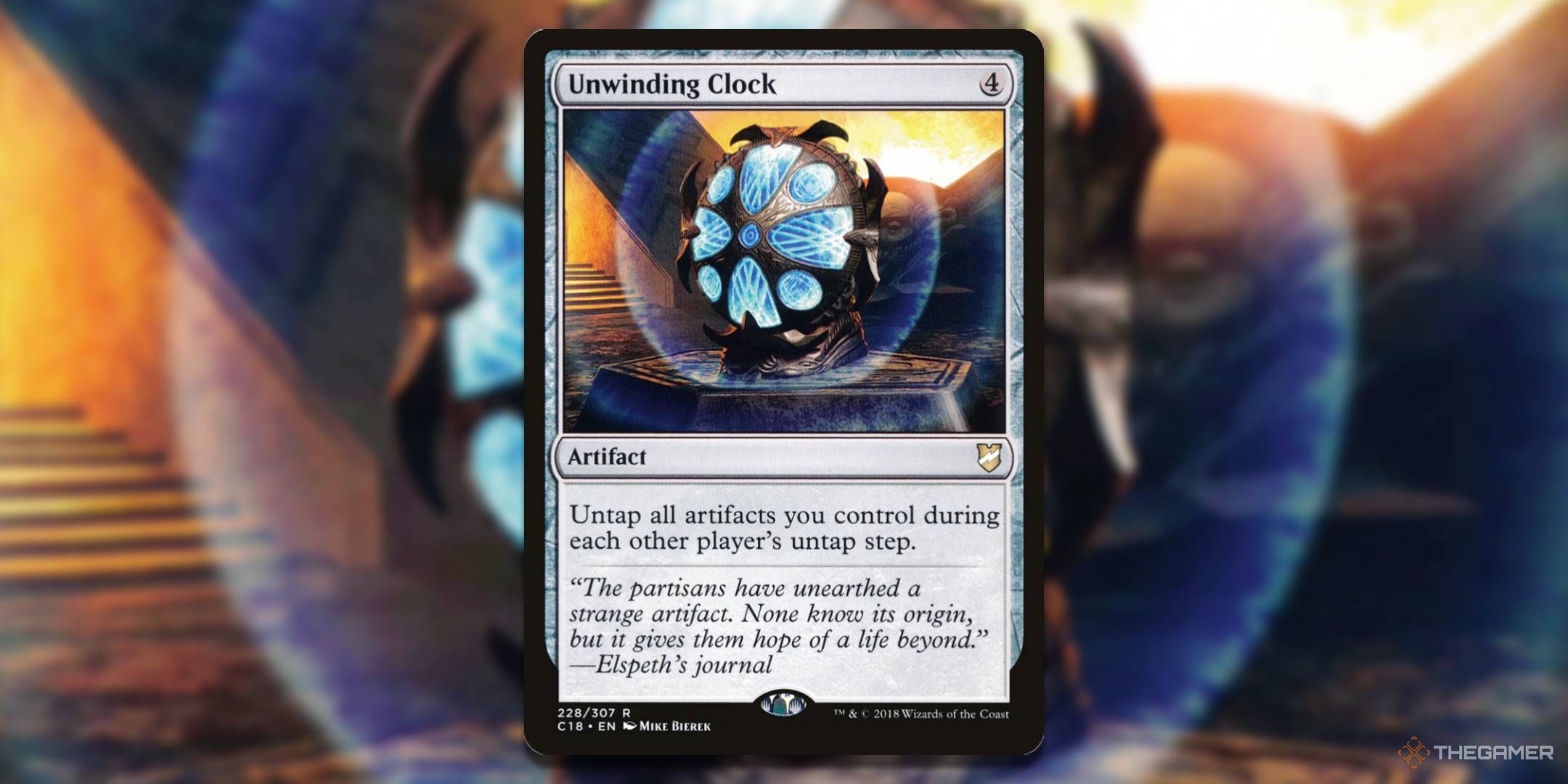 MTG Unwinding Clock card with the art in the background.