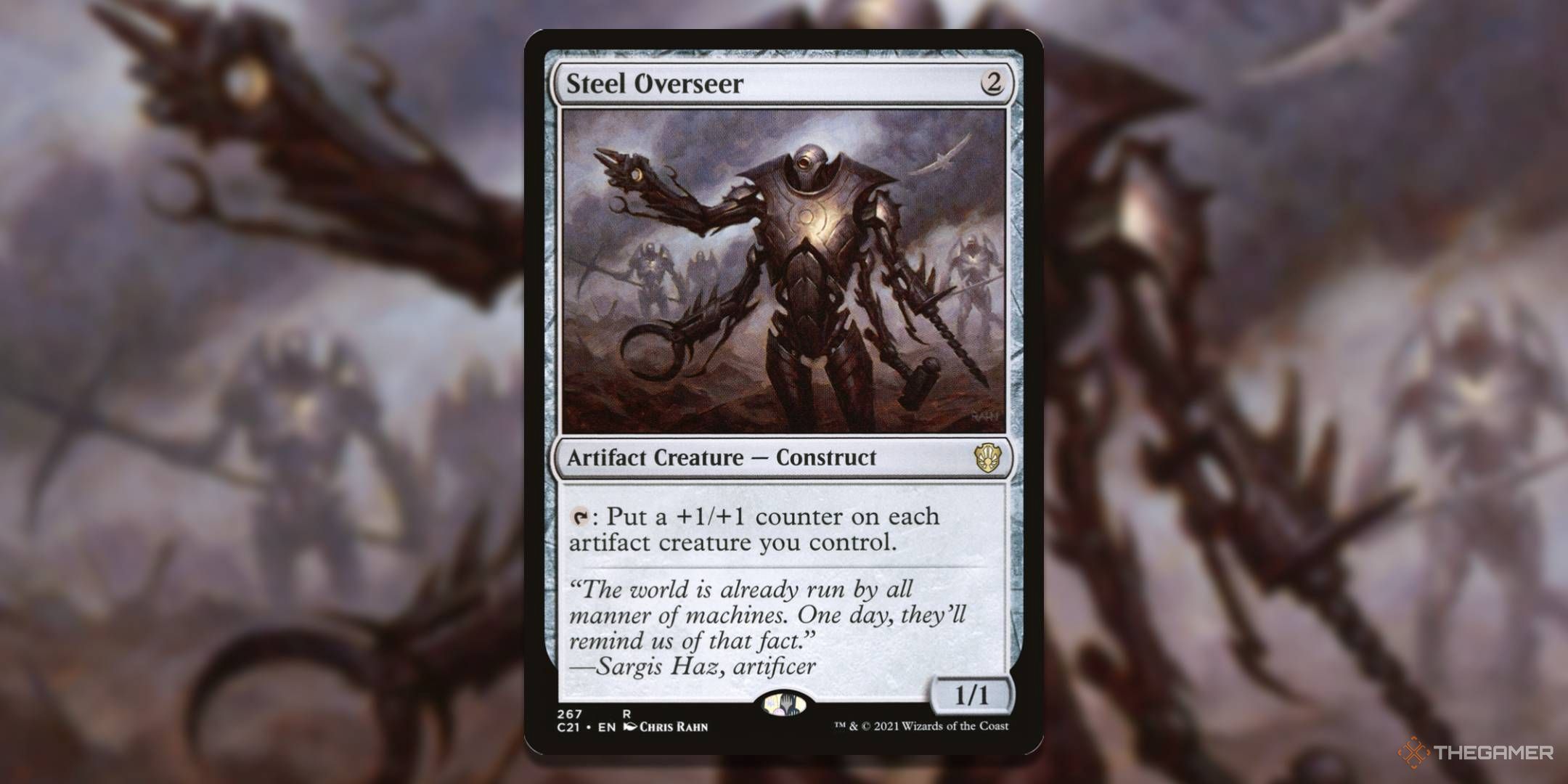 MTG Steel Overseer card with the art in the background.