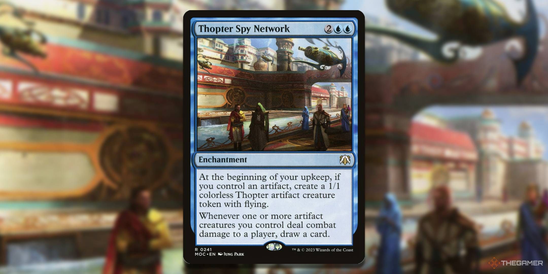 MTG Thopter Spy Network card with the art in the background.