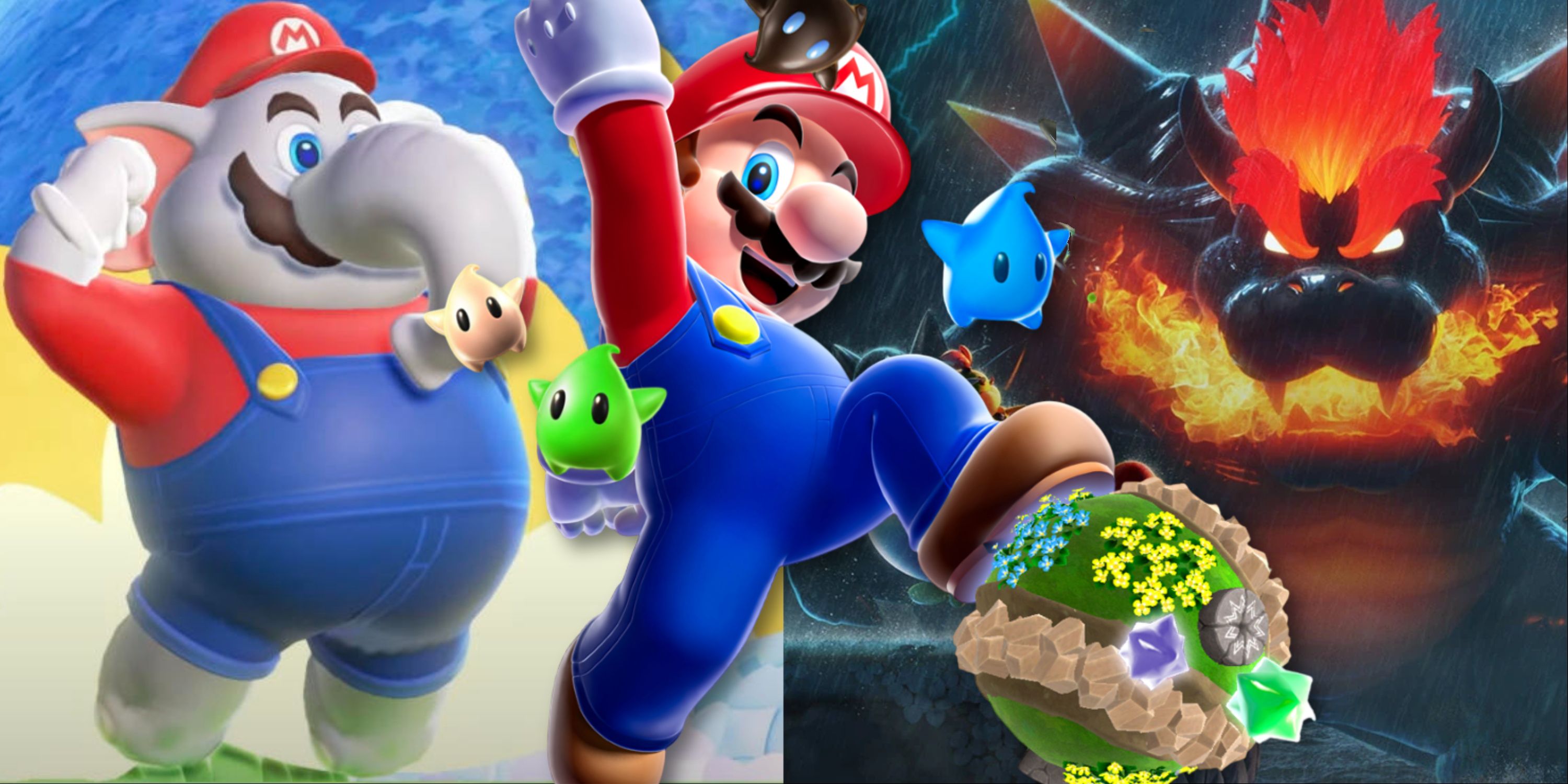 Split image of Super Mario Bros. Wonder, Super Mario Galaxy, and Bowser's Fury