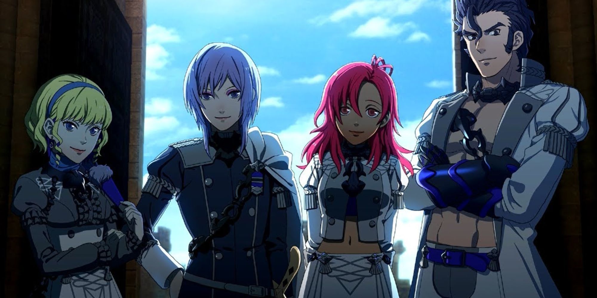 Constance, Yuri, Hapi, and Balthus stand in front of a doorway in Fire Emblem: Three Houses.