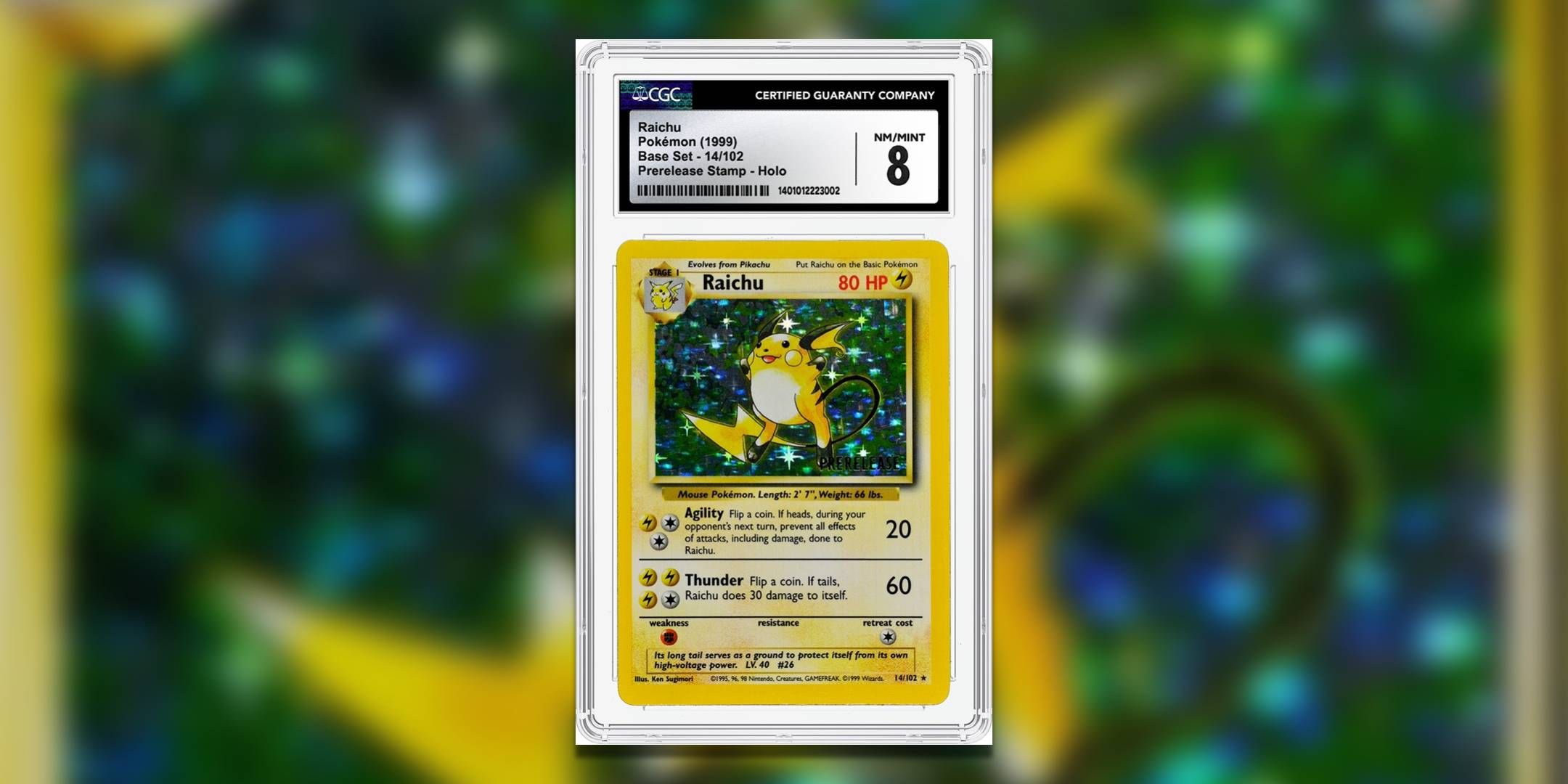 The Pokemon TCG card Raichu Base Set Prerelease Promo.