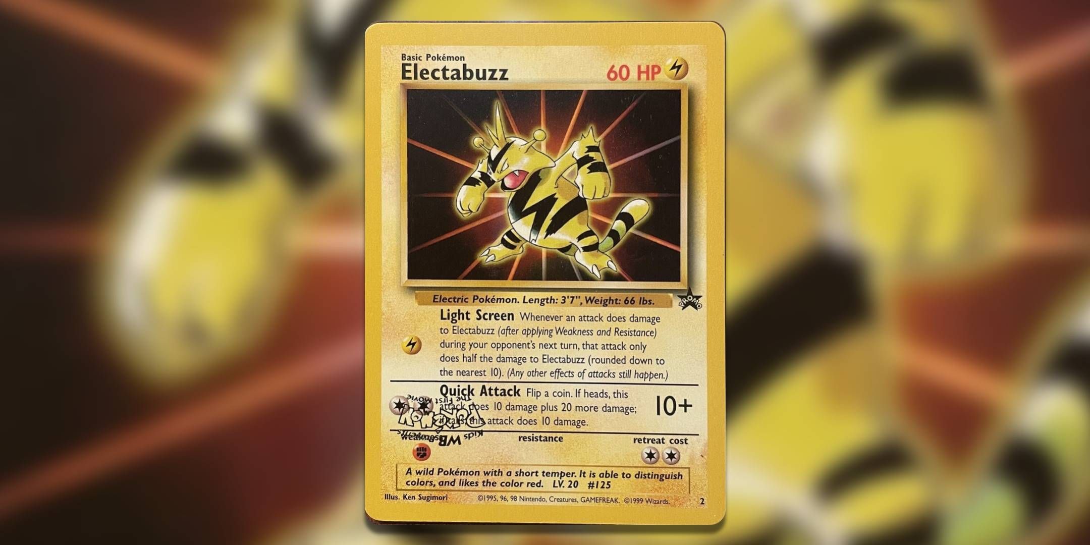 The Pokemon TCG card Electabuz with a flipped promo stamp.