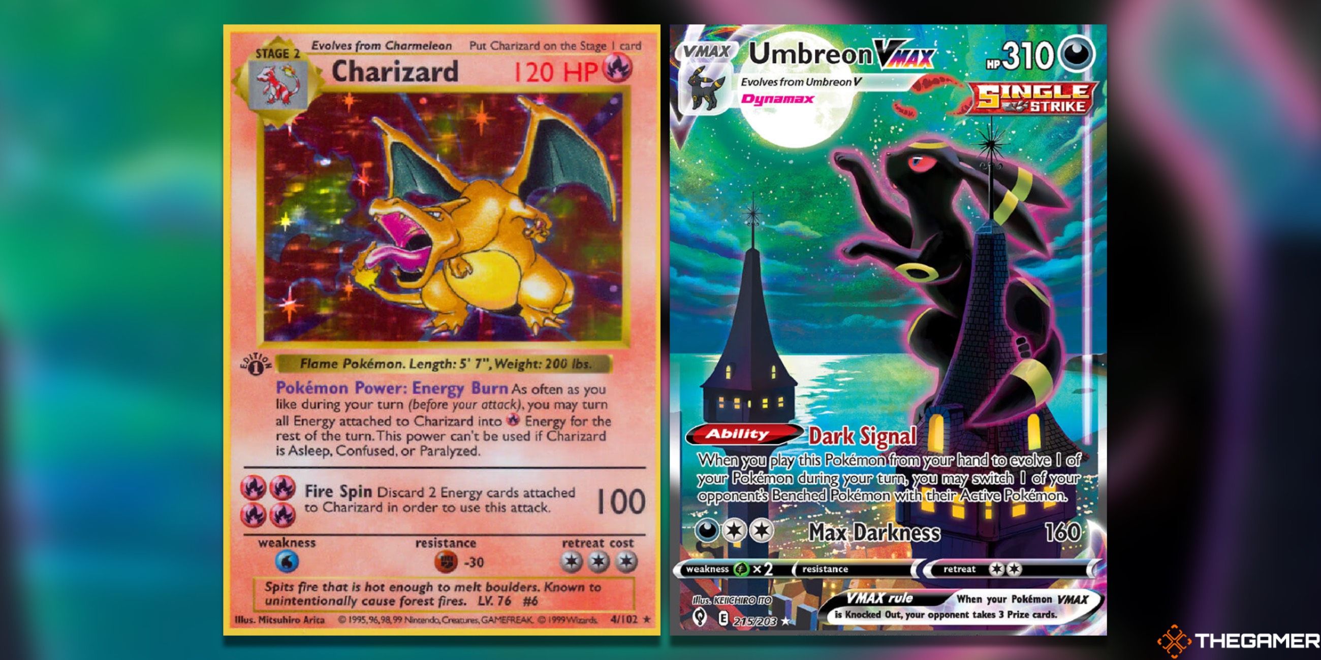 The First Edition Charizard from Base Set and Umbreon VMAX from Evolving Skies in the Pokemon TCG.