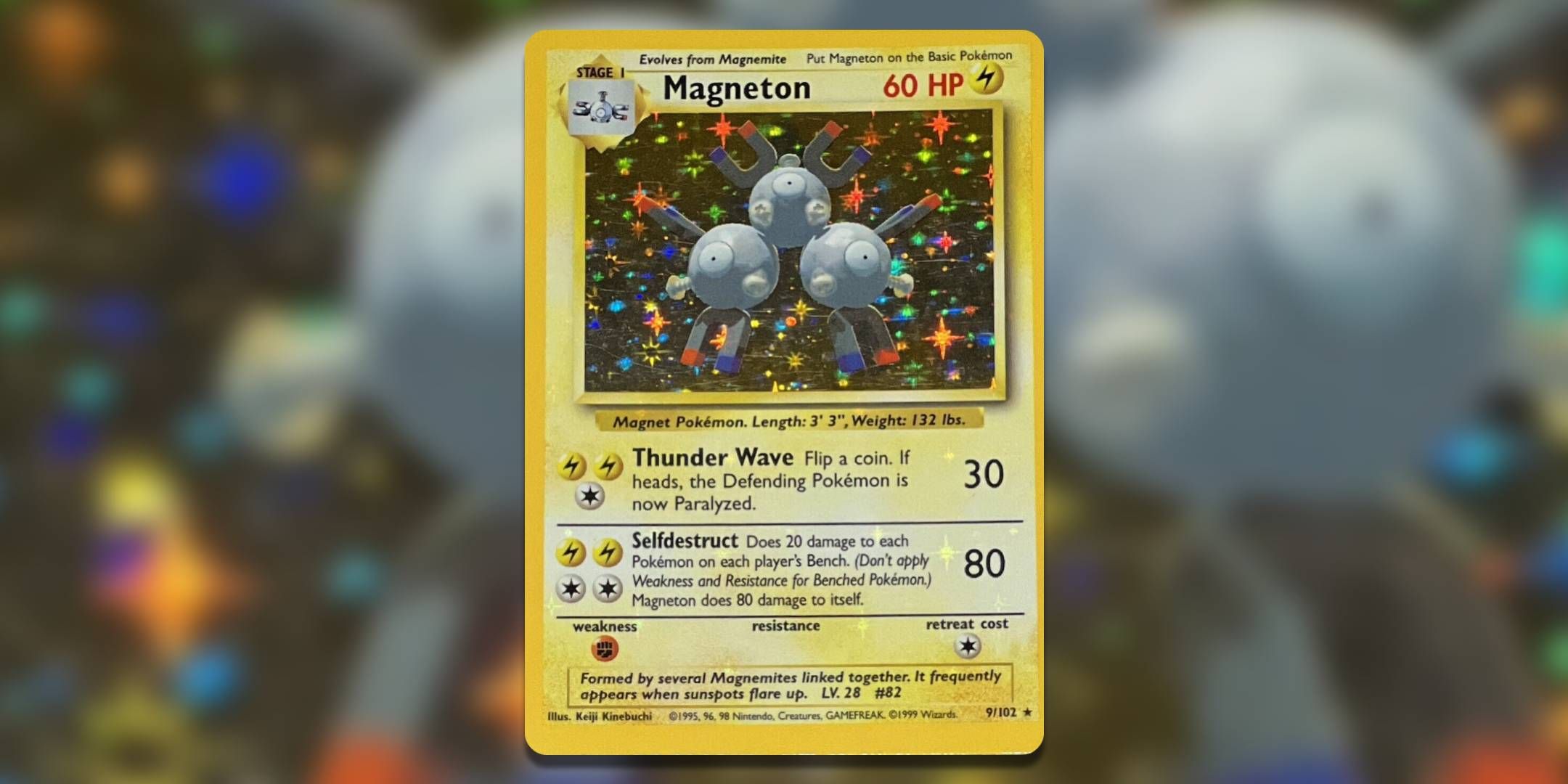 The Pokemon TCG card Magneton from Base Set with Holo bleed.