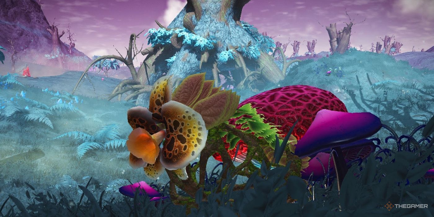 A lionlike creature made of vines stands in a marshy planet in No Man's Sky.