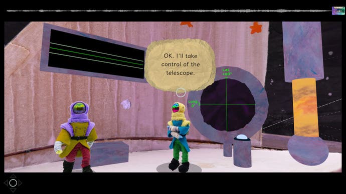 A screenshot from Asterism, showing two characters standing inside a spaceship. The whole scene looks like it's been made out of cardboard and fluffy bits of material - like a Blue Peter project.