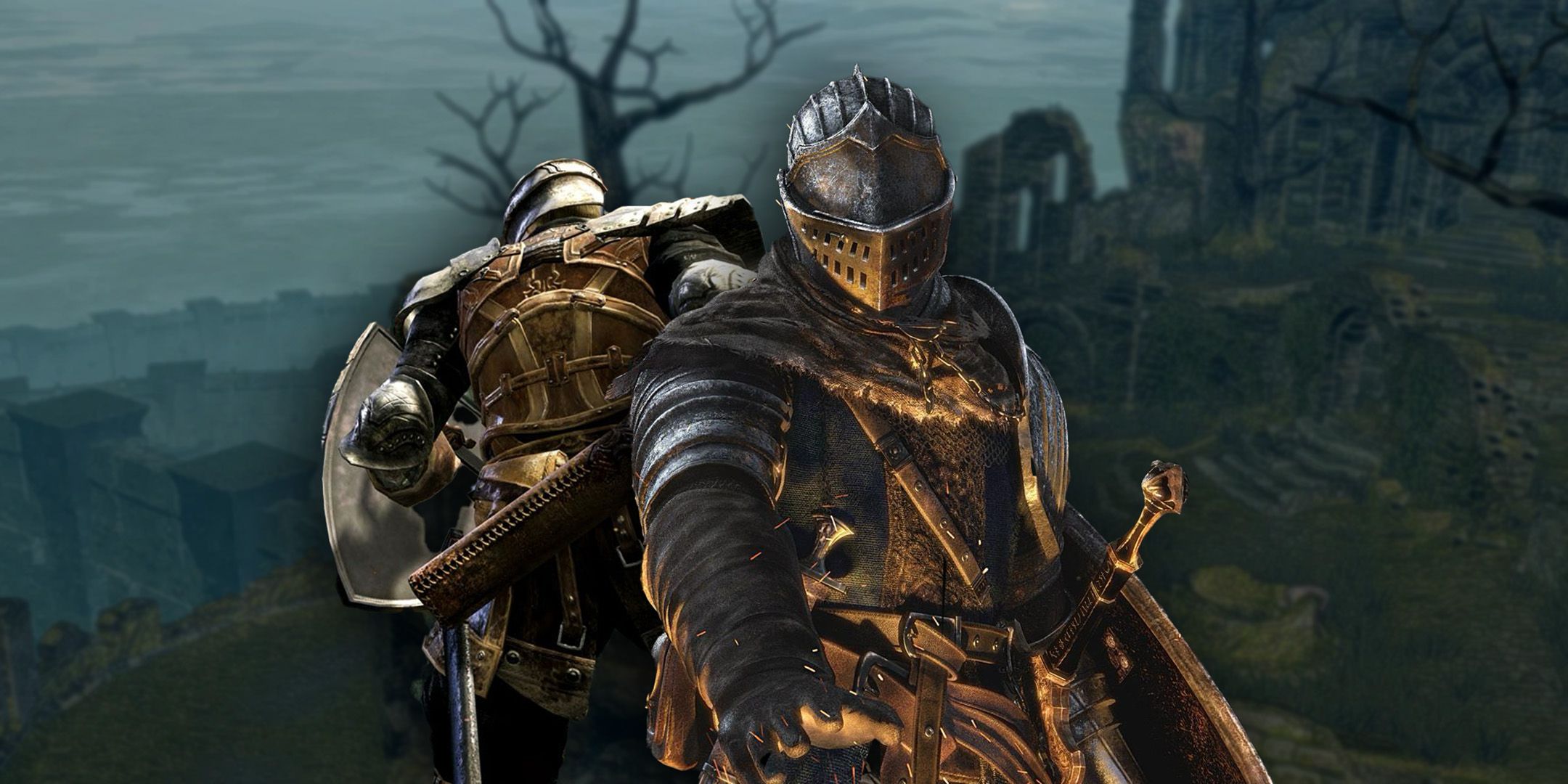 Dark Souls Warrior and Knight standing in Firelink Shrine