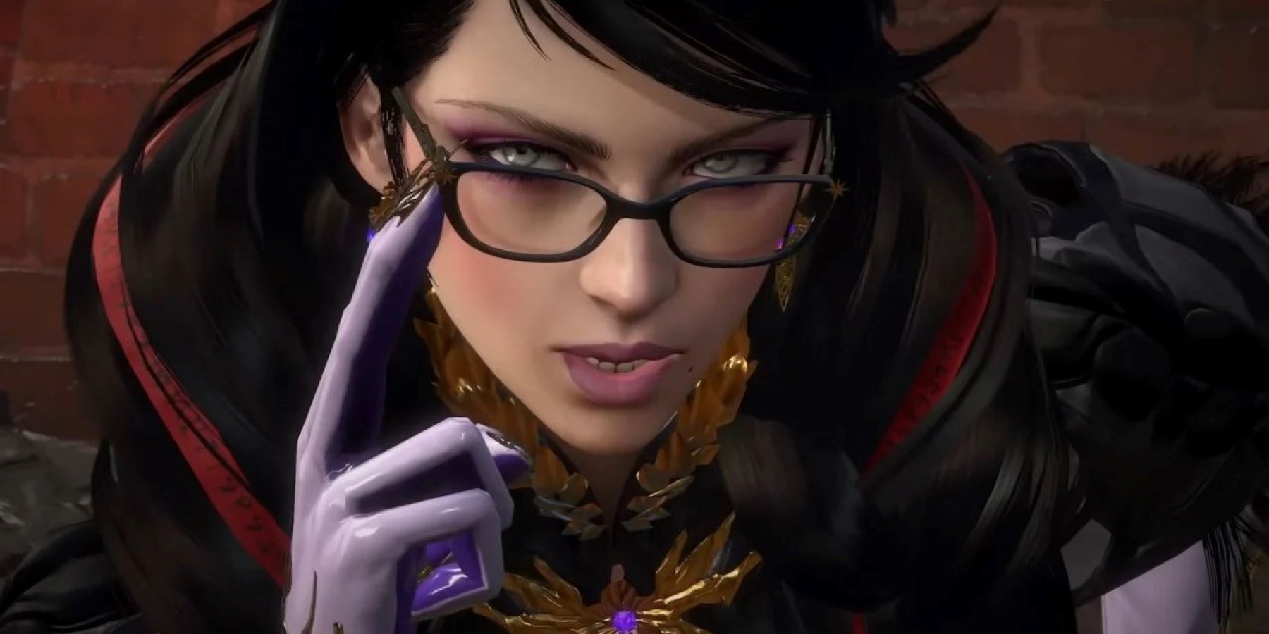 Close up of Bayonetta in a Bayonetta 3 cutscene