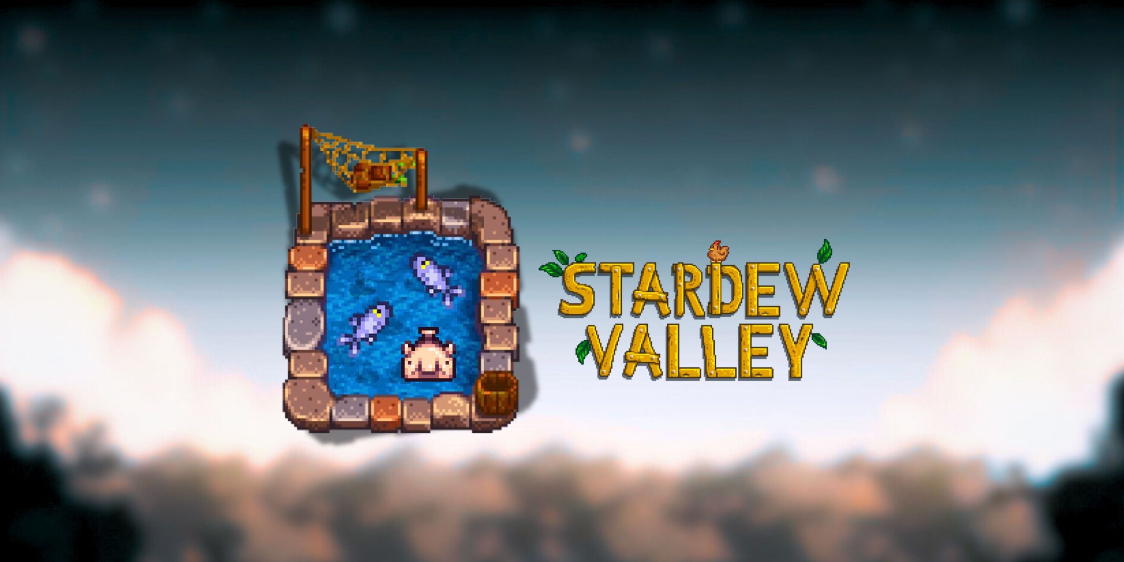 A fish pond next to the Stardew Valley logo