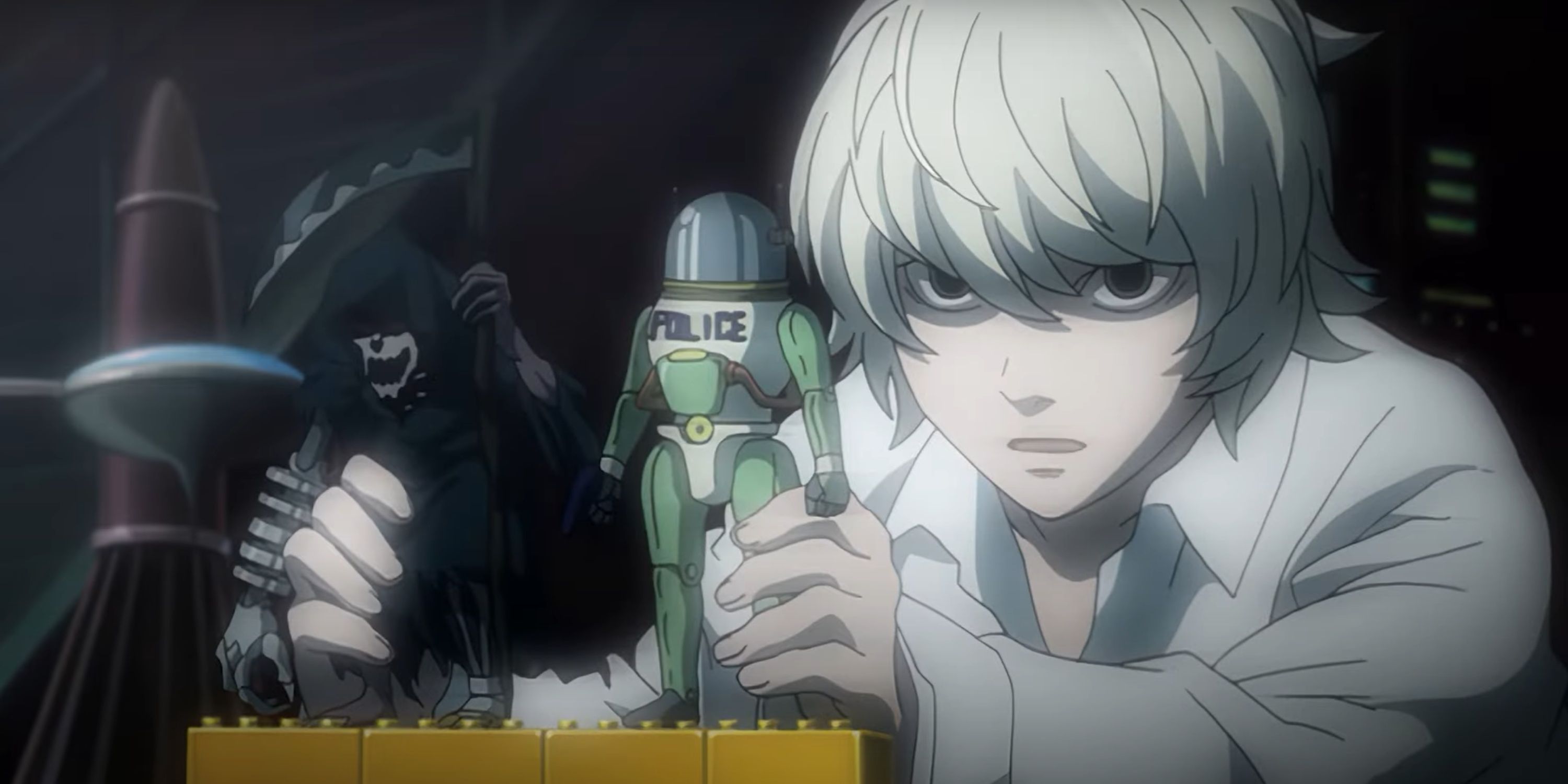 Near plays with his toys as he explains his suspicions about Light in Death Note.