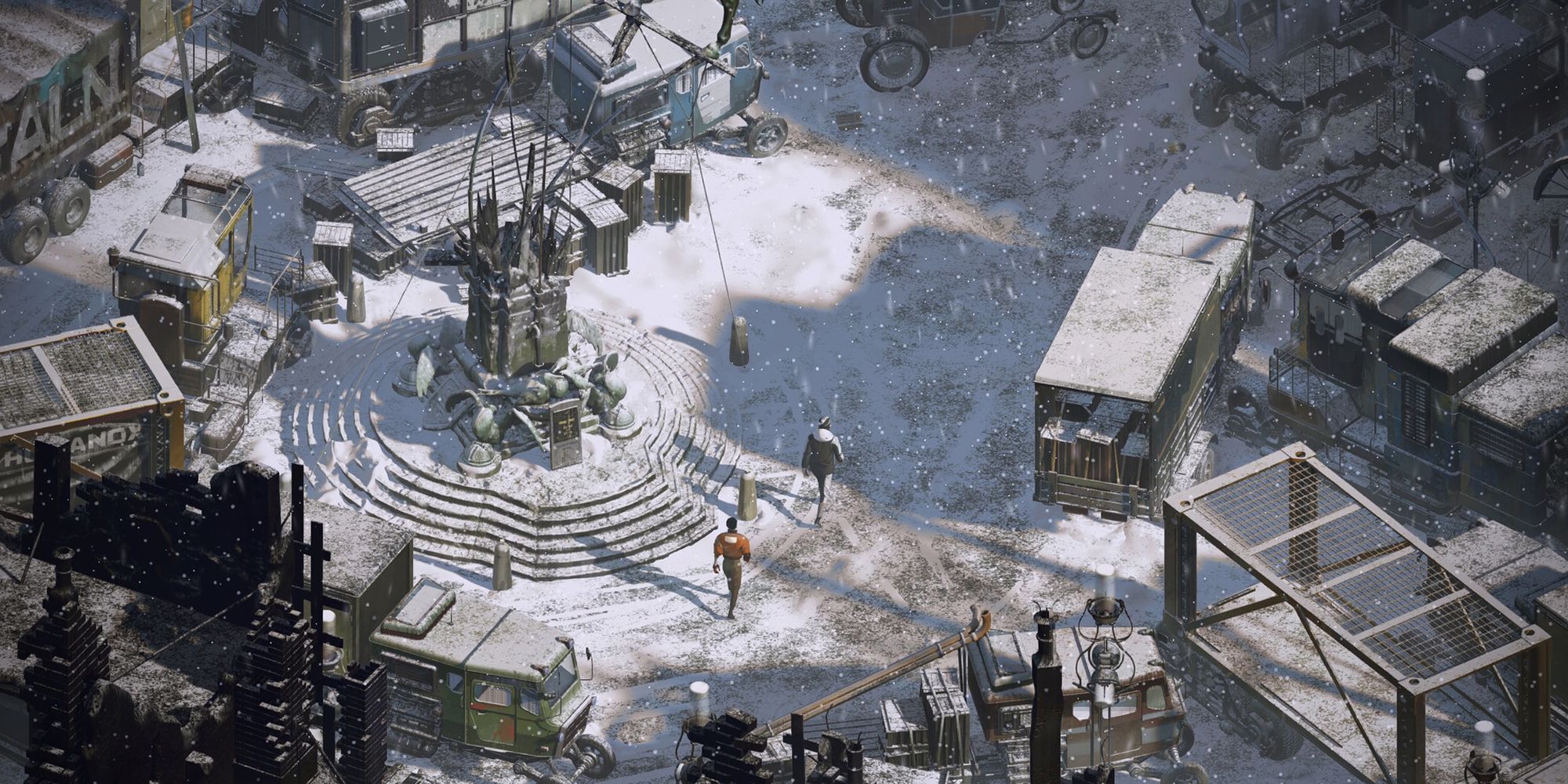 Cops wander about the snowy streets in Disco Elysium (Steam).