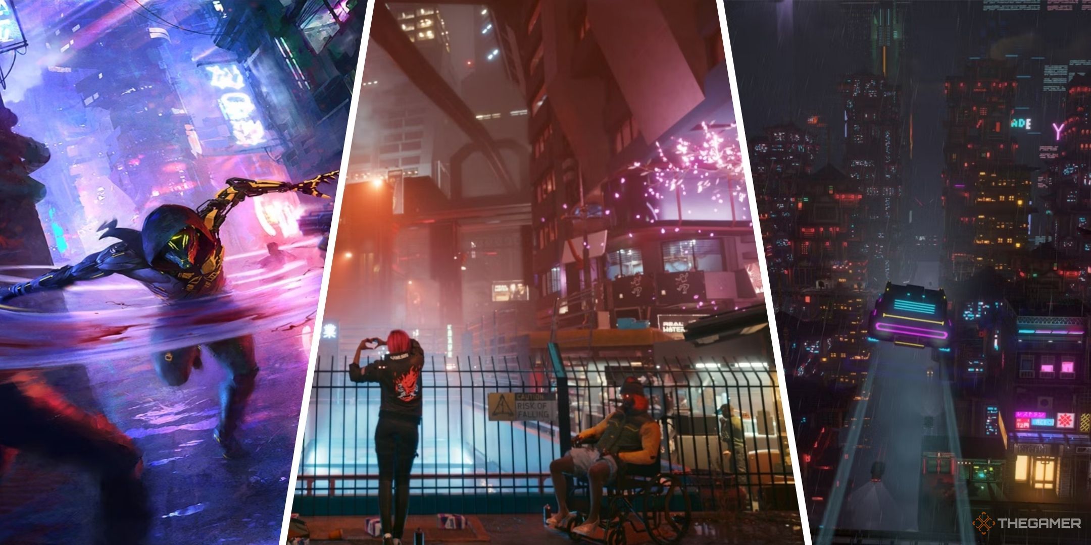 Three-image collage of the protagonist of Ghostrunner slashing enemies in front of a purple and neon cyberpunk backdrop, a character from Cyberpunk 2077 doing a heart sign, and your HOVA flying through Nivalis in Cloudpunk.