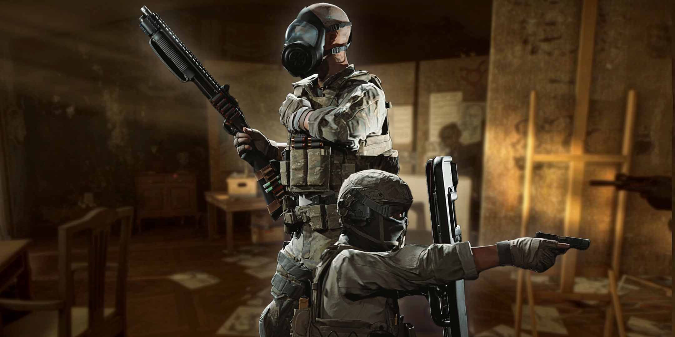 Solder holding a shotgun and another holding a riot shield and pistol