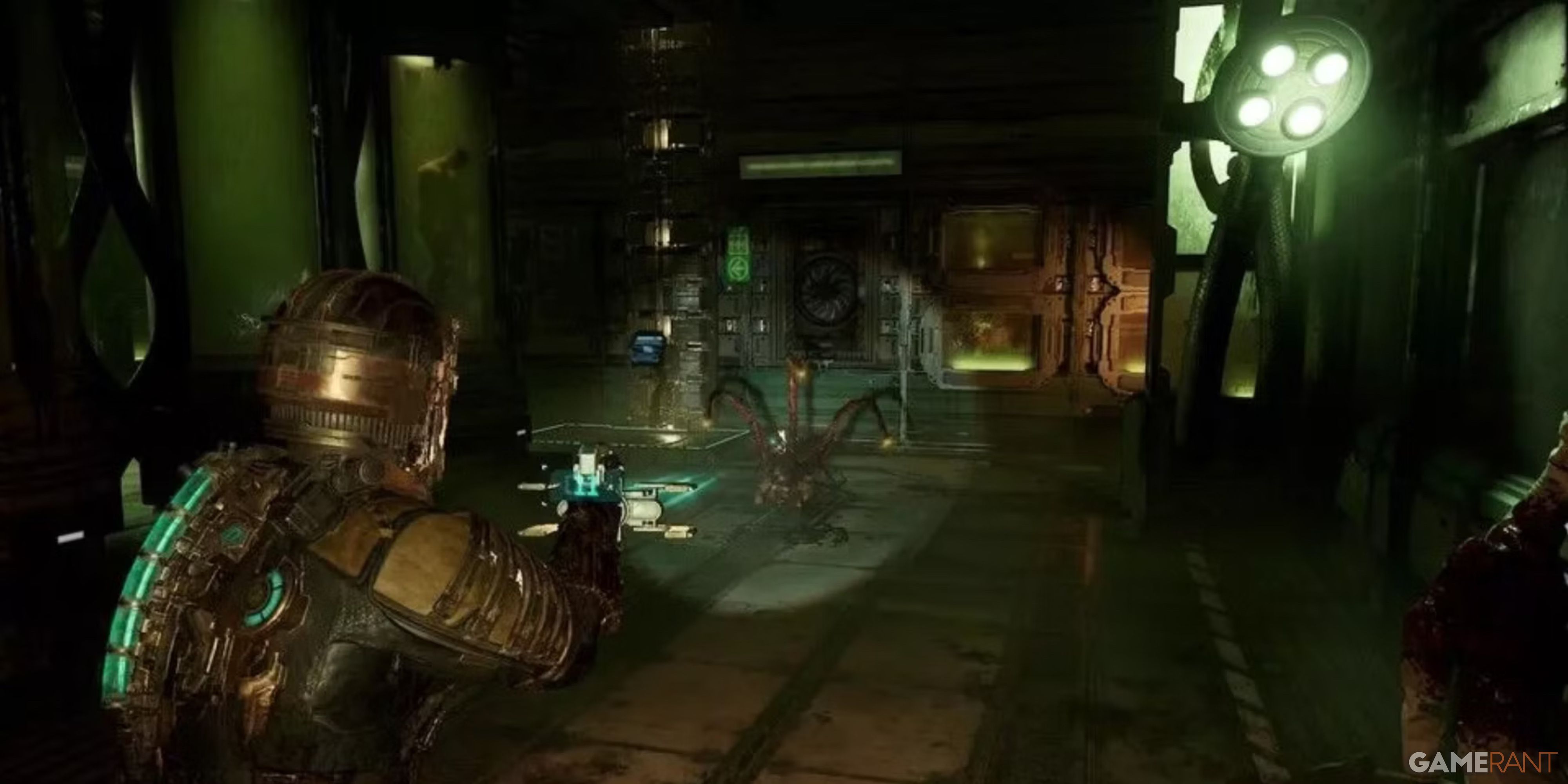 Issac fights off a Lurker in Dead Space